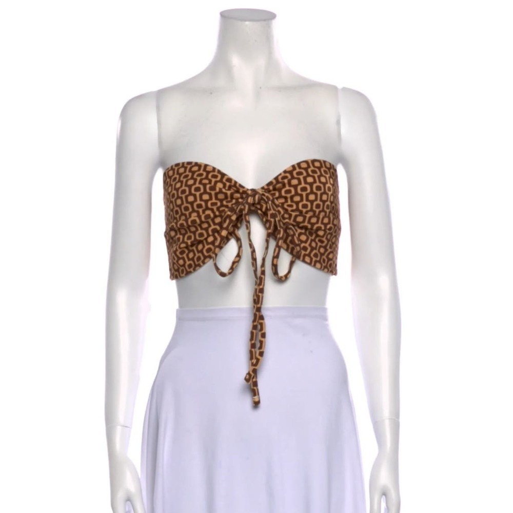 Leset Brown Geometric Tie Front Crop Top – Size Large NWT